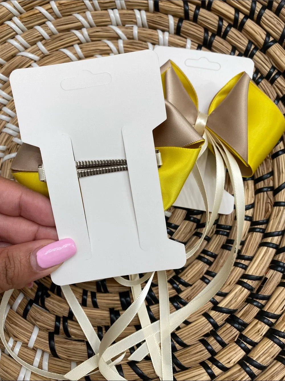 Yellow and Champagne Satin Bow Hair Clips with Cream Streamers